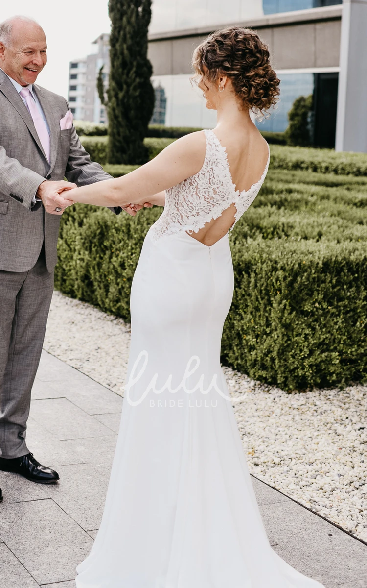 Casual V-Neck Lace Wedding Dress with Illusion Back