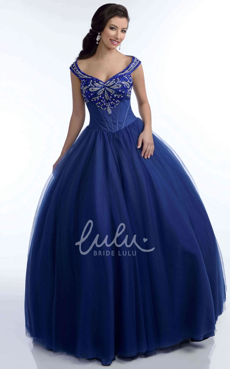 Tulle Crystal Detailed V-Neck Ball Gown Formal Dress