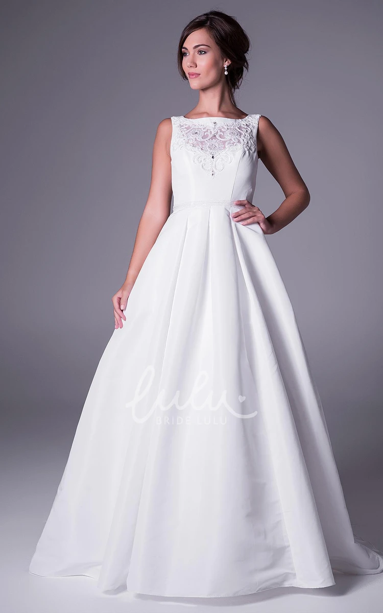 Bateau-Neck Beaded Satin A-Line Wedding Dress Floor-Length