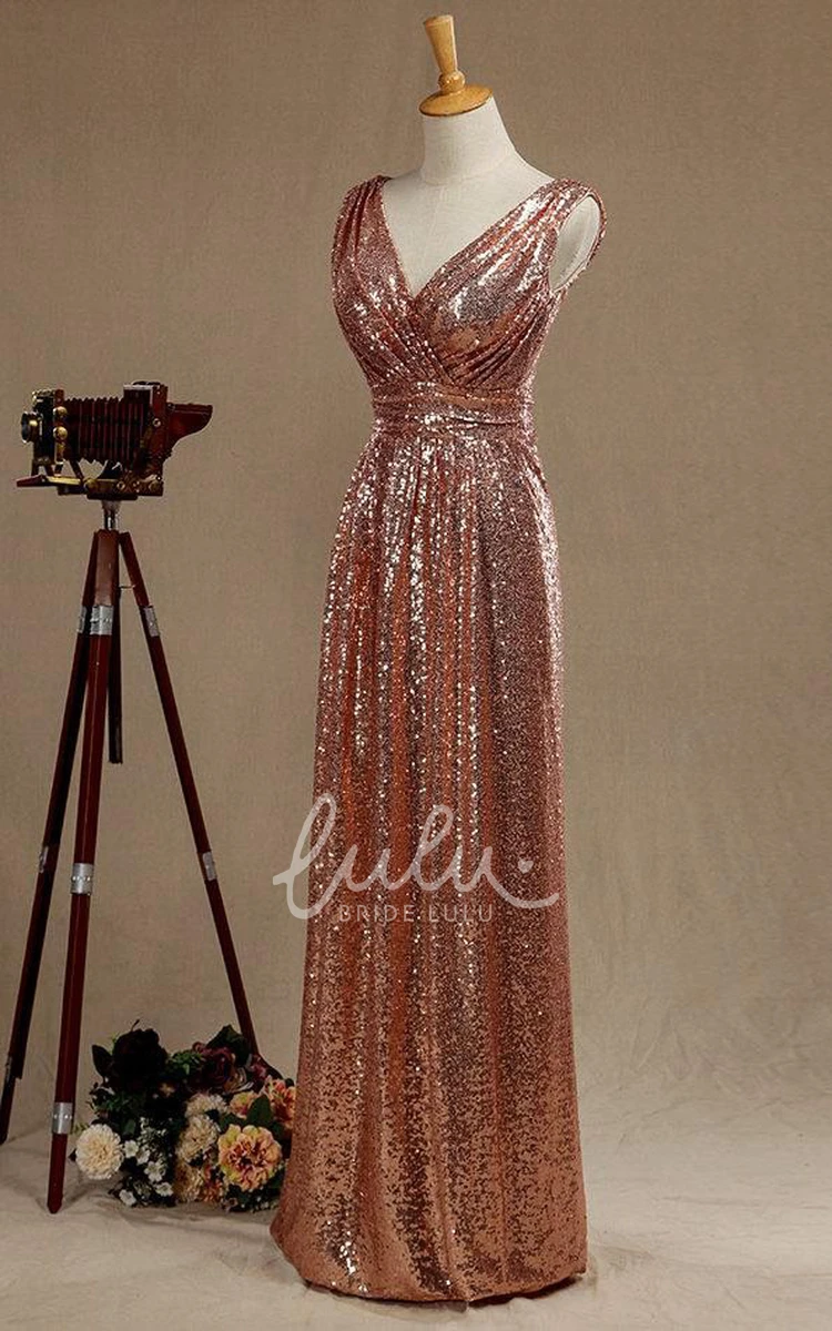 Rose Gold V-Neck Bridesmaid Dress Full Length Luxury Women's