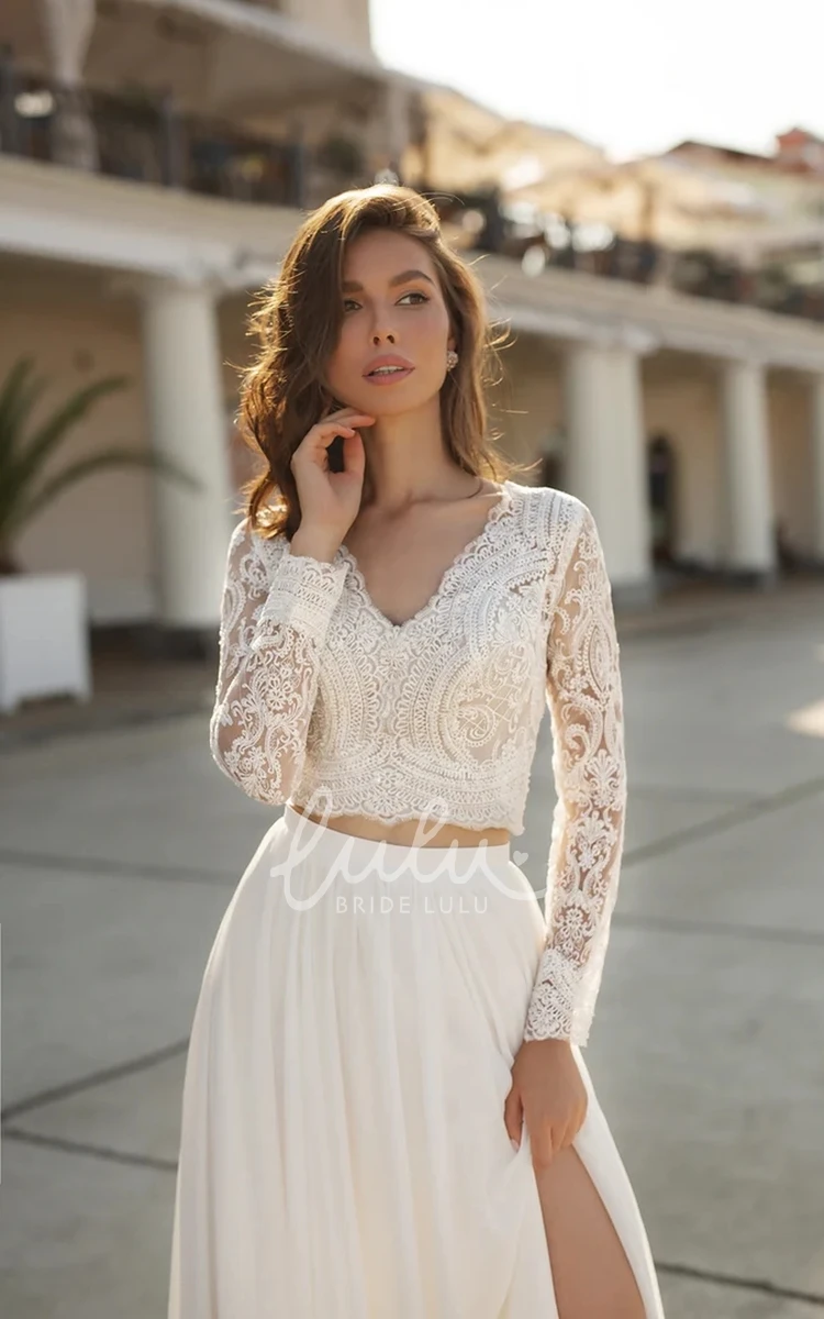 Sexy Two Piece Bridal Gown V-neck Chiffon with Beach Sweep Train Lace Long Sleeve Zipper