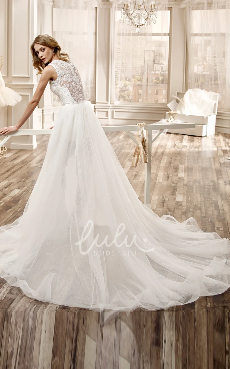 Tulle and Lace Jewel-Neck Wedding Dress with Side Split