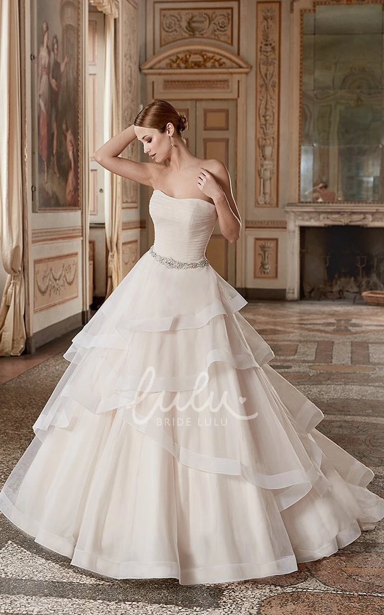 Tiered Strapless Organza Ball Gown Wedding Dress with Ruffles and Waist Jewelry