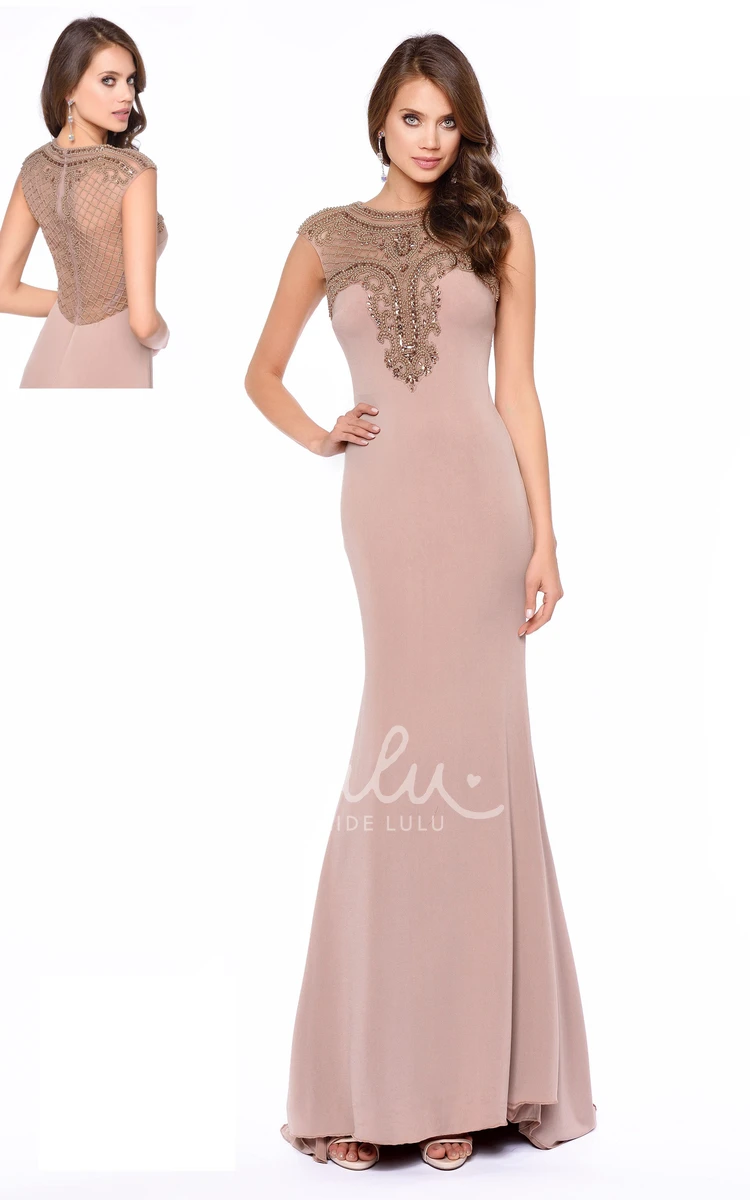 Beaded Cap-Sleeve Jersey Formal Dress with Illusion Neckline