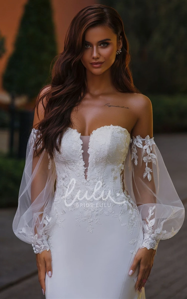 Mermaid Chiffon Tulle Wedding Dress with Appliques Sexy Plunging Neck