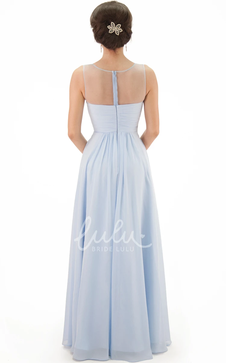 Floor-Length Scoop Ruched Chiffon Bridesmaid Dress with Illusion Modern Bridesmaid Dress