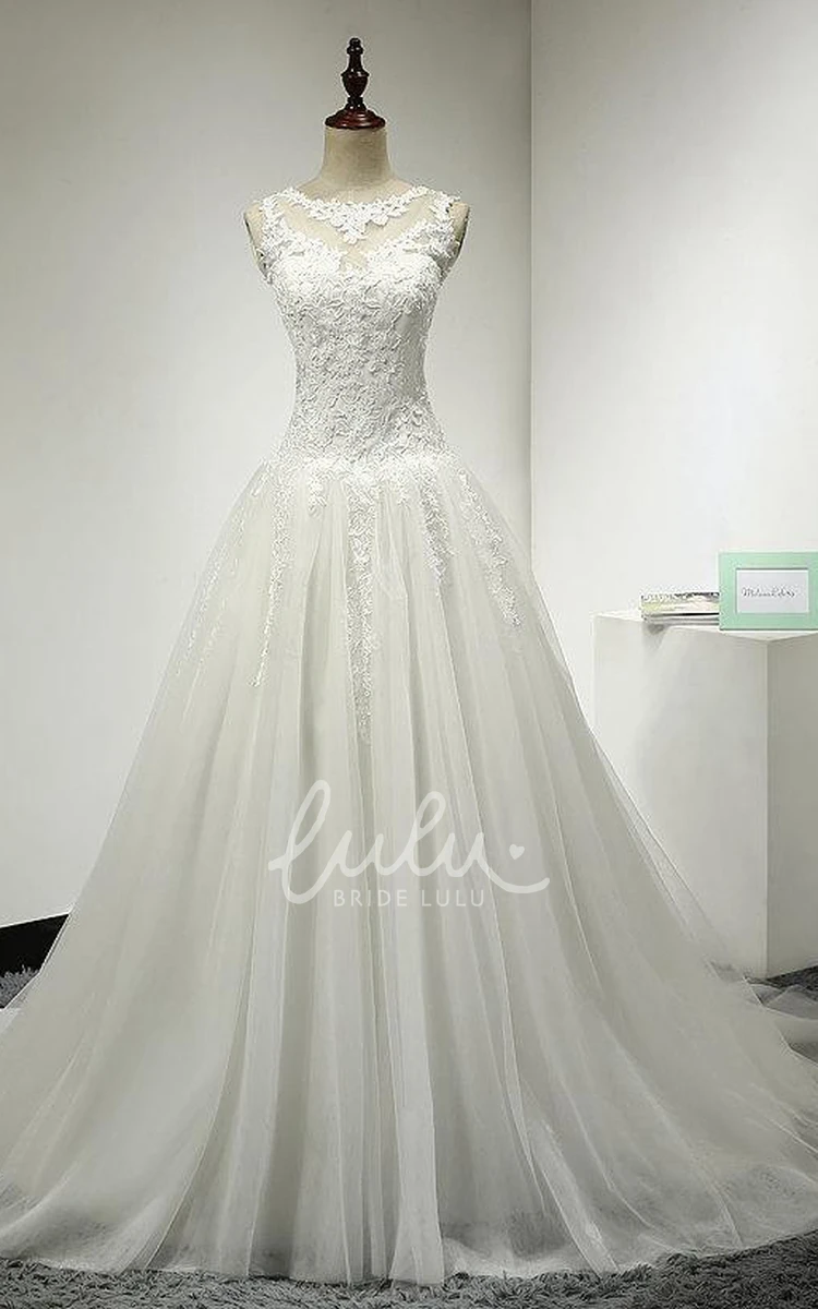 Dropped Waist Lace Bodice A-Line Bridal Gown in Tulle