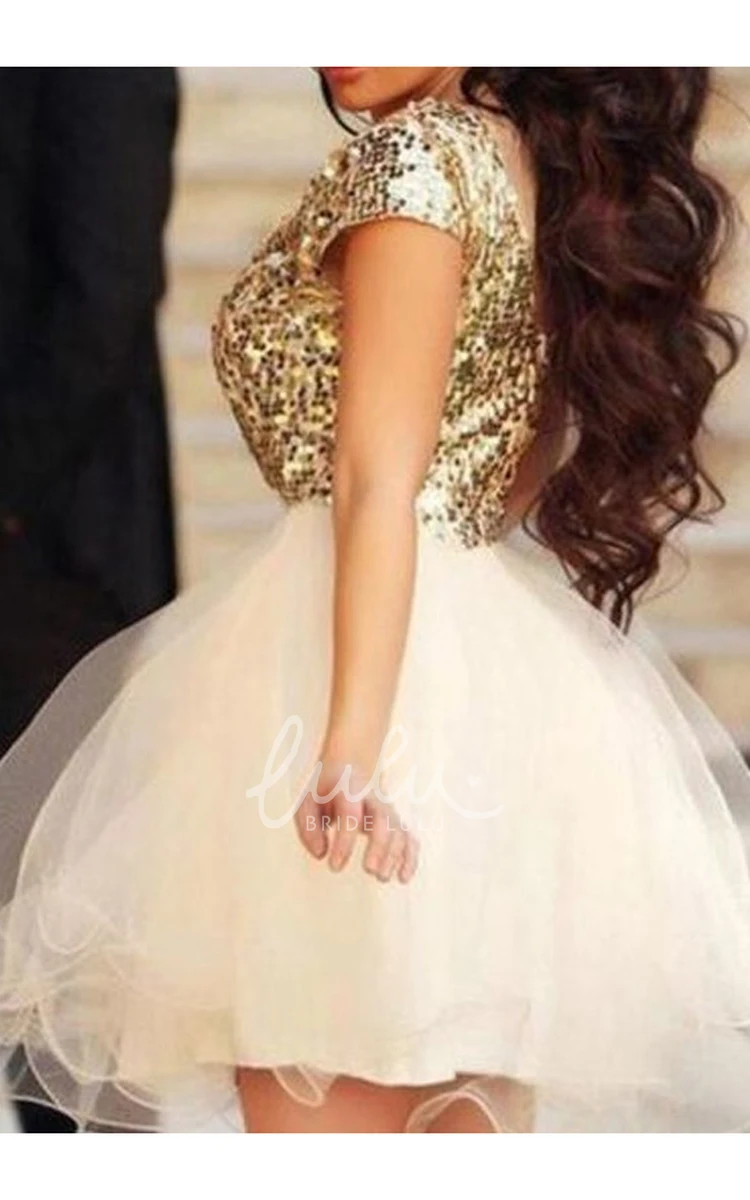 Bateau Ruffle Short Sleeve Sequin A-line Homecoming Dress