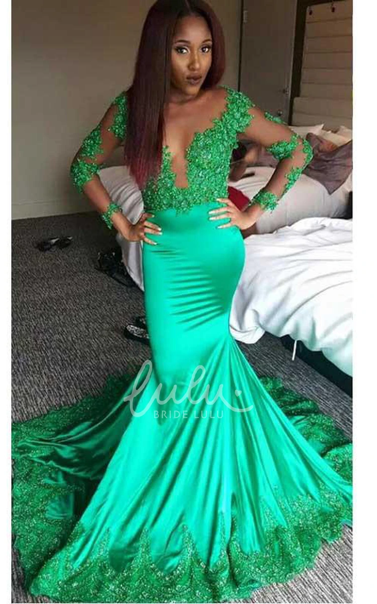 Illusion Lace Mermaid Formal Dress with Long Sleeves and V-neck