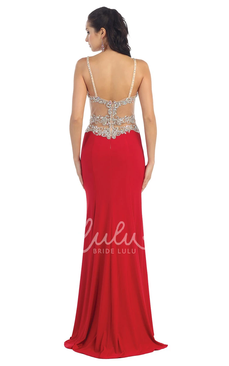 Spaghetti Strap Sheath Jersey Formal Dress with Illusion and Beading