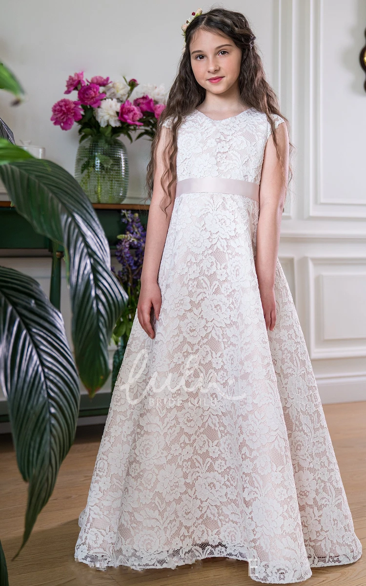 Short Sleeve Lace Flowergirl Dress with Ribbon in Casual Floor-length A Line Style