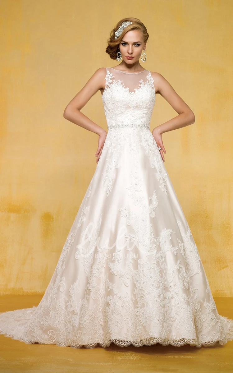 Bateau-Neck A-Line Wedding Dress with Illusion Style and Keyhole Back Classic Bridal Gown