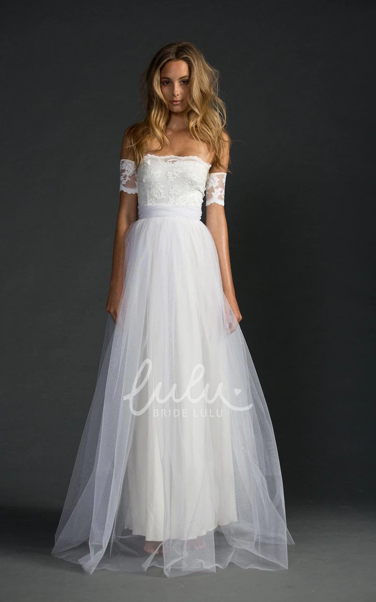 Strapless Tulle A-Line Dress with Lace Bodice and Sleeves for Bridesmaids