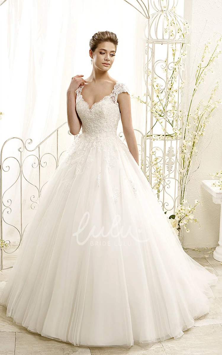 Cap-Sleeve Appliqued Tulle&Lace Ball Gown Wedding Dress Classic Bridal Gown