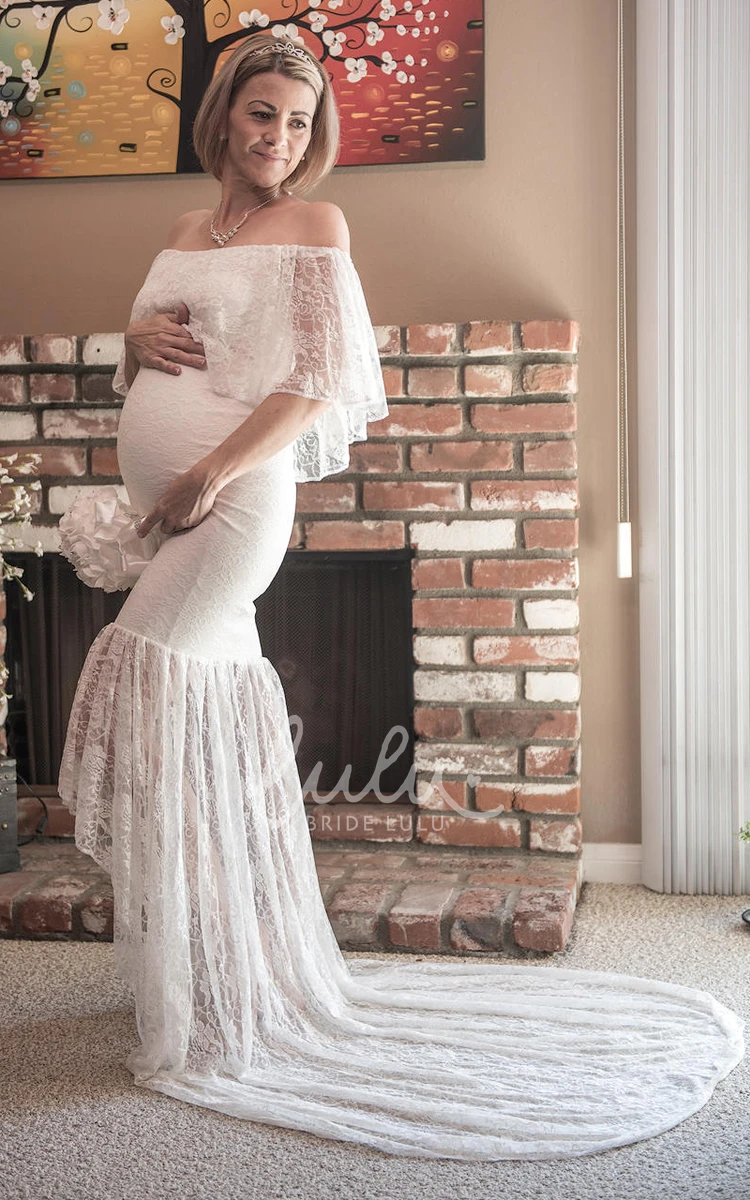 Half Sleeve Mermaid Maternity Wedding Dress with Court Train and Empire Waist