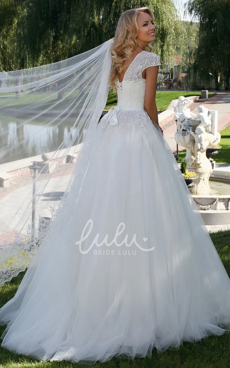 V-Neck Appliqued Tulle Wedding Dress Classy Ball Gown