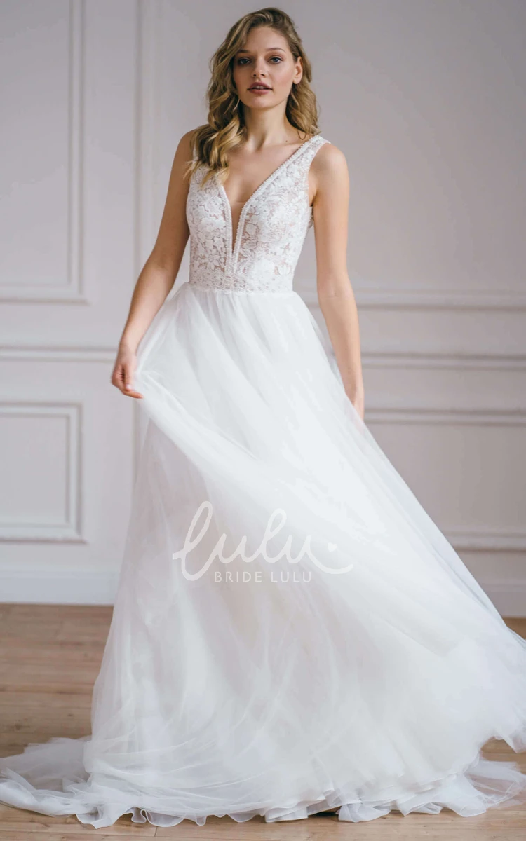 Modern A Line Tulle Plunging Neckline Wedding Dress Sleeveless