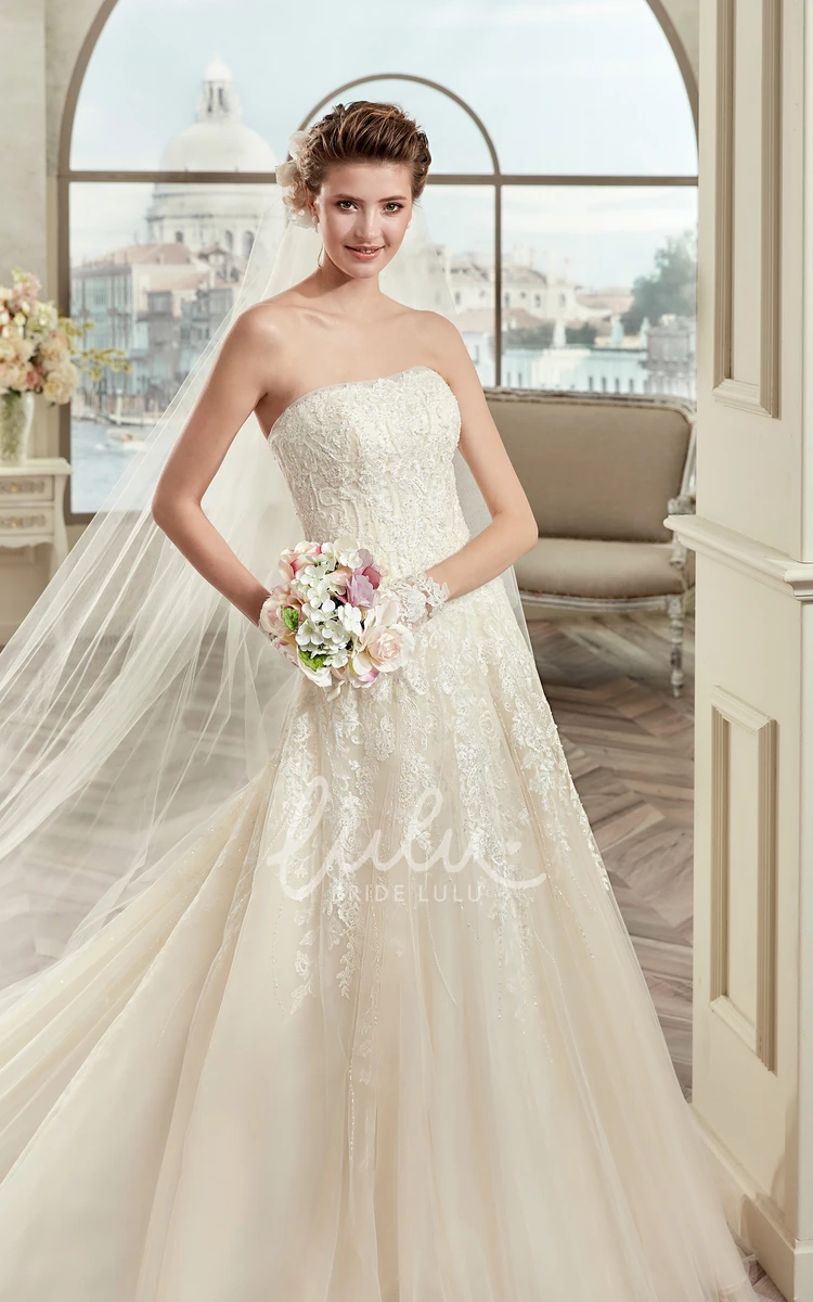 Classic Lace Long Wedding Dress with Brush Train Strapless Appliques Unique