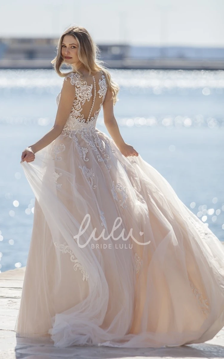 Scalloped Sleeveless A-Line Lace Elegant Wedding Dress with Button Illusion Back