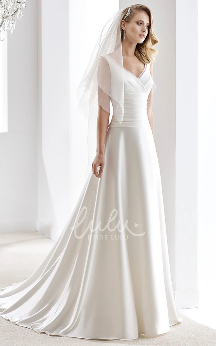 Satin V-Neck Draping Wedding Dress with Pleated Bodice and Brush Train Modern Wedding Dress Women's Unique