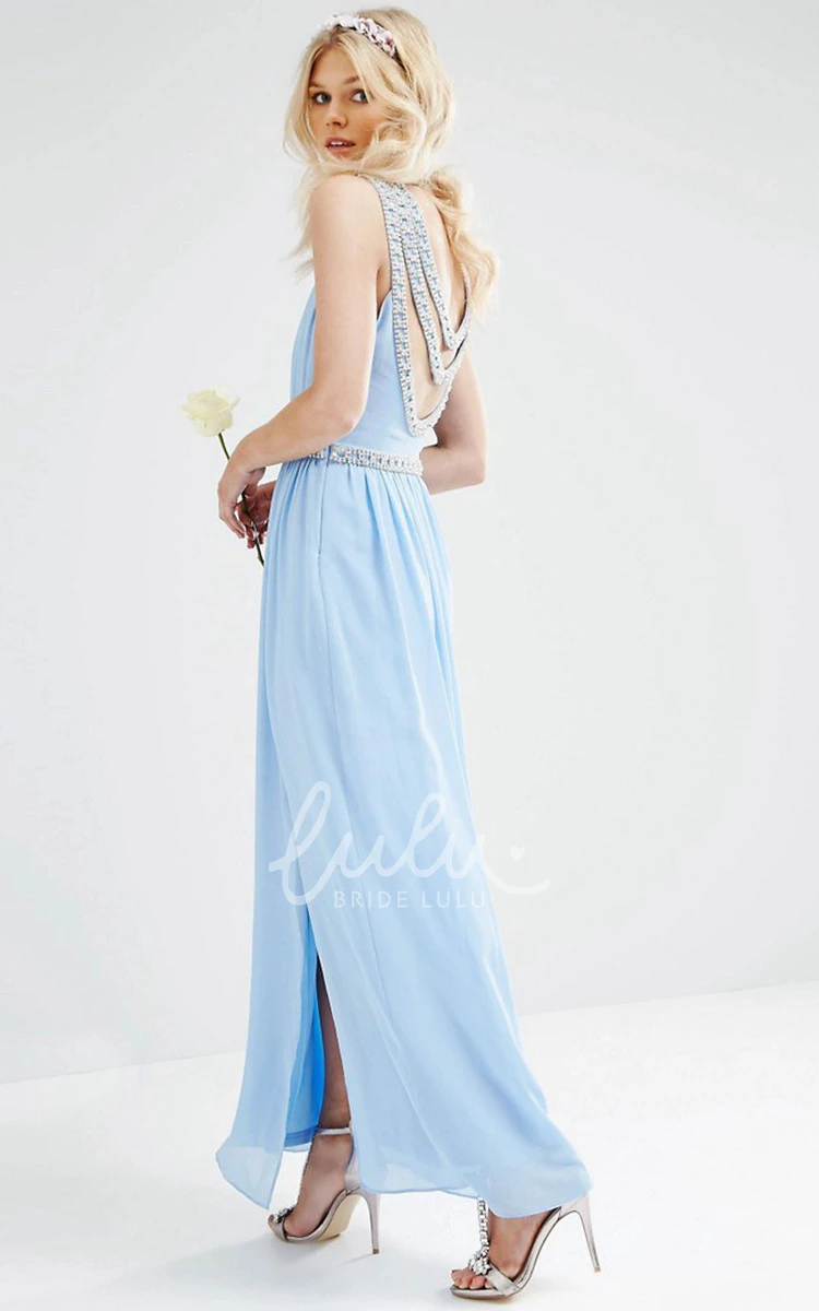 Ruched Chiffon Bridesmaid Dress Scoop-Neck Sleeveless Ankle-Length with Beading and Split Front