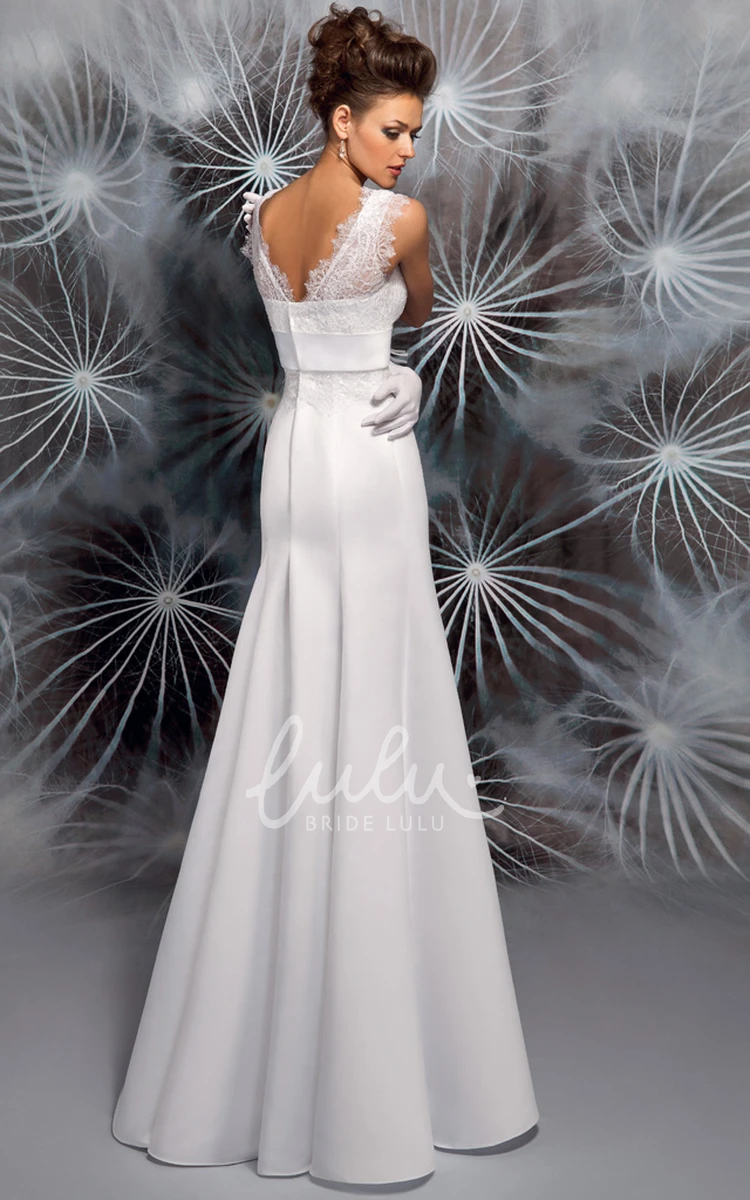 V-Neck Lace A-Line Satin Wedding Dress with Low-V Back and Bow Long