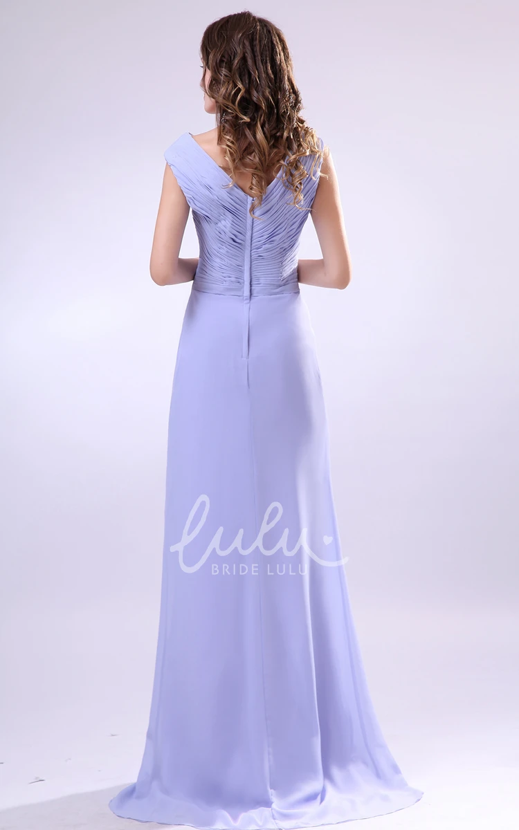 V-Neck Pleated Dress with Crisscross Ruching and Slitting for Bridesmaids