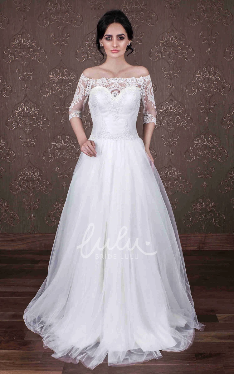 A-Line Off-The-Shoulder Tulle Wedding Dress With Appliques and Illusion Half-Sleeve Elegant