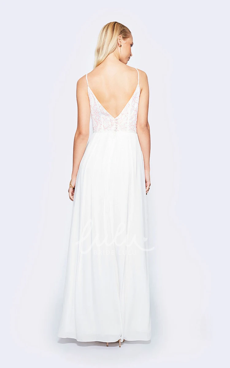 V-Back Spaghetti Lace Chiffon Wedding Dress in Ankle-Length