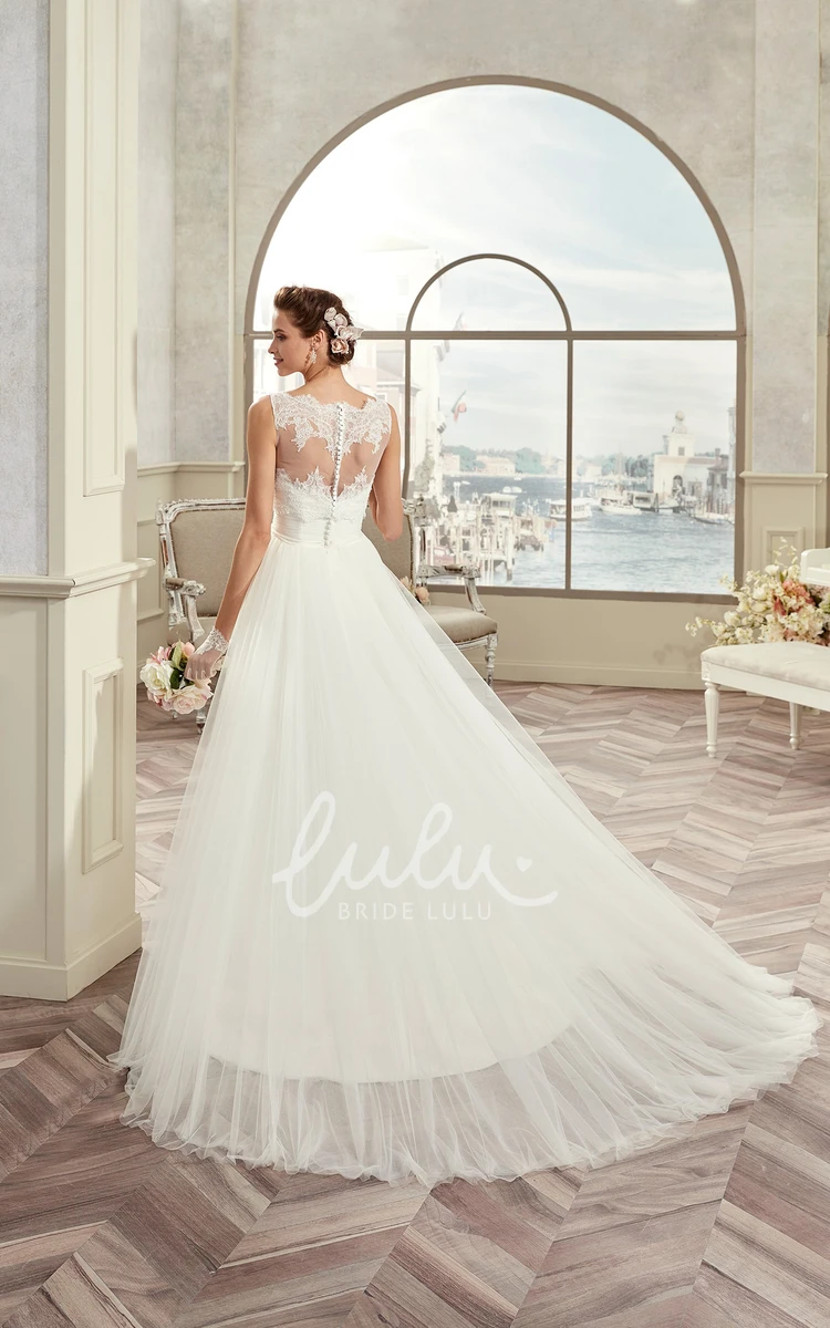 Cap-Sleeve A-Line Wedding Dress with Illusive Design and Brush Train