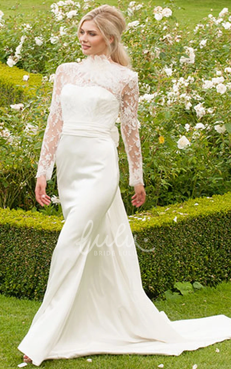 Floral Chiffon Wedding Dress with V Back and Sweep Train Long Sleeves High Neck