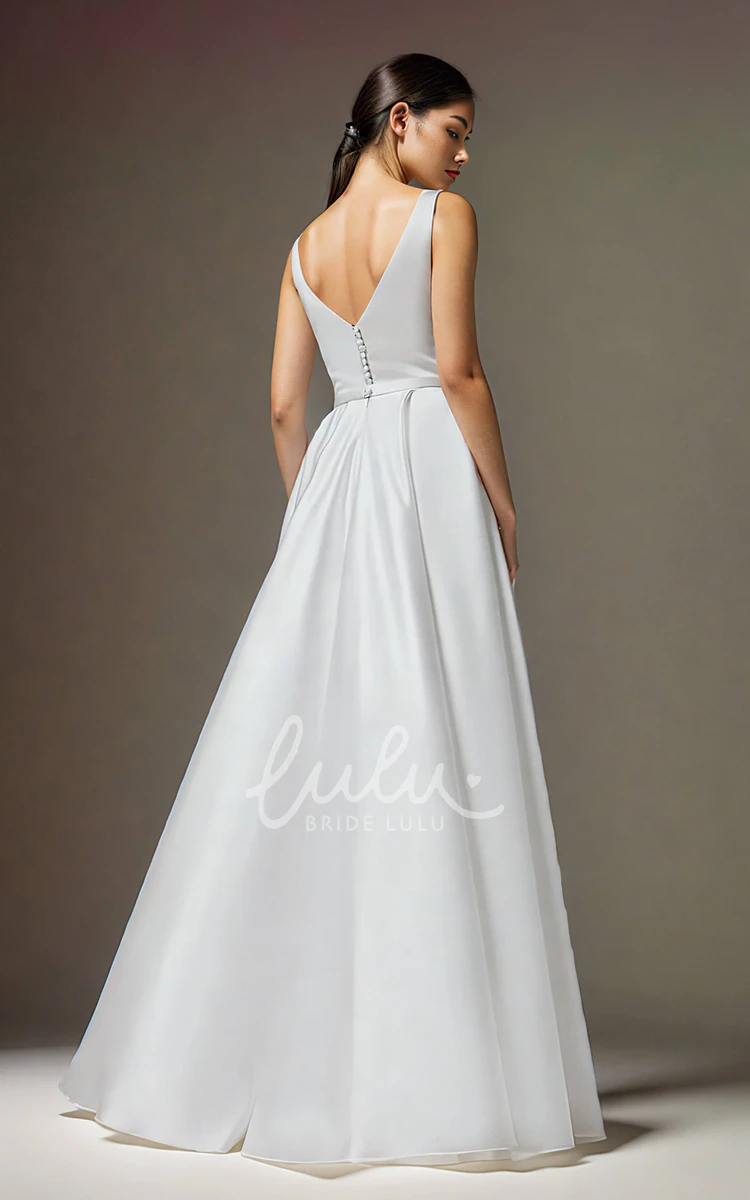 Simple Elegant Straps Square Neck A-Line Satin Wedding Dress Solid Reception Sleeveless Floor-length V Back Straps Bridal Gown with Sash