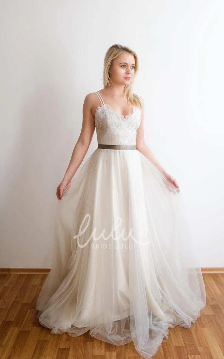 Spaghetti Straps Tulle Wedding Dress with Lace Bodice in A-Line Style