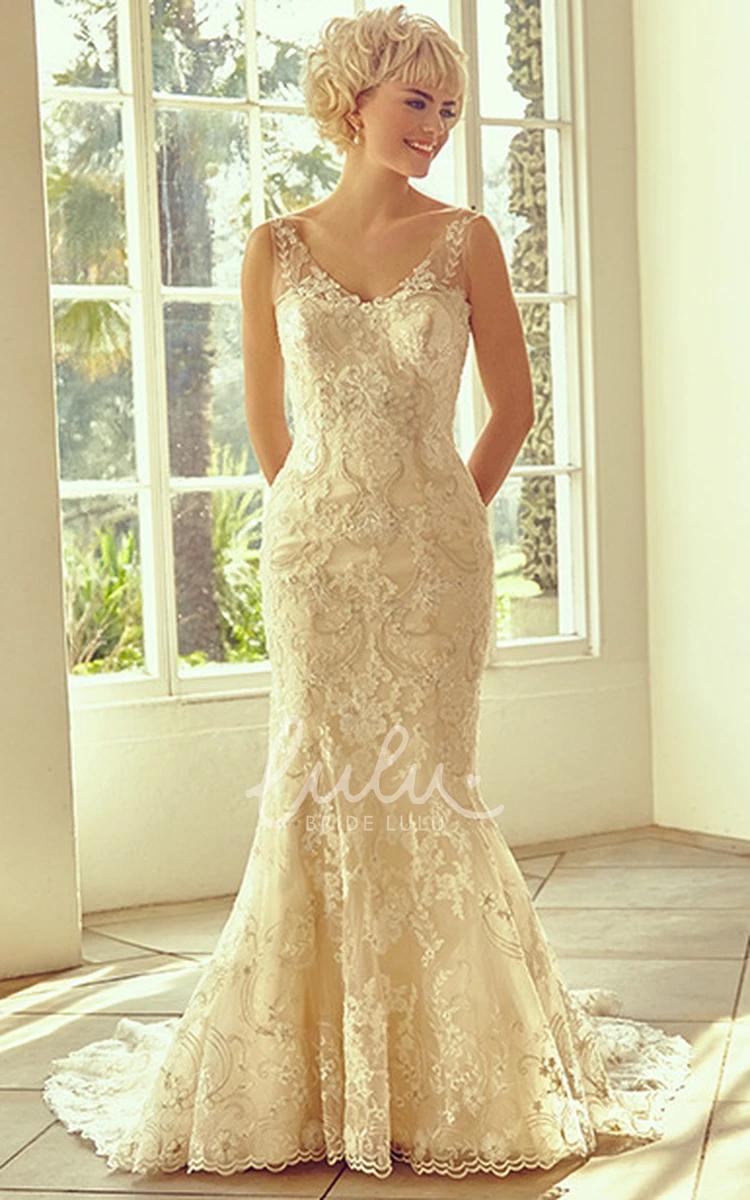 V-Neck Lace Wedding Dress with Sweep Train and V Back Classic Bridal Gown