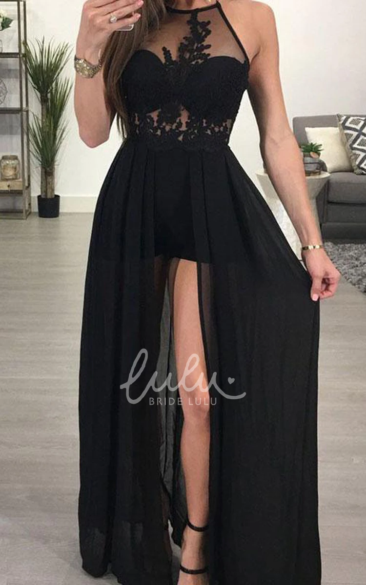 Chiffon Lace Open Back Evening Dress A-Line Sleeveless Formal Dress