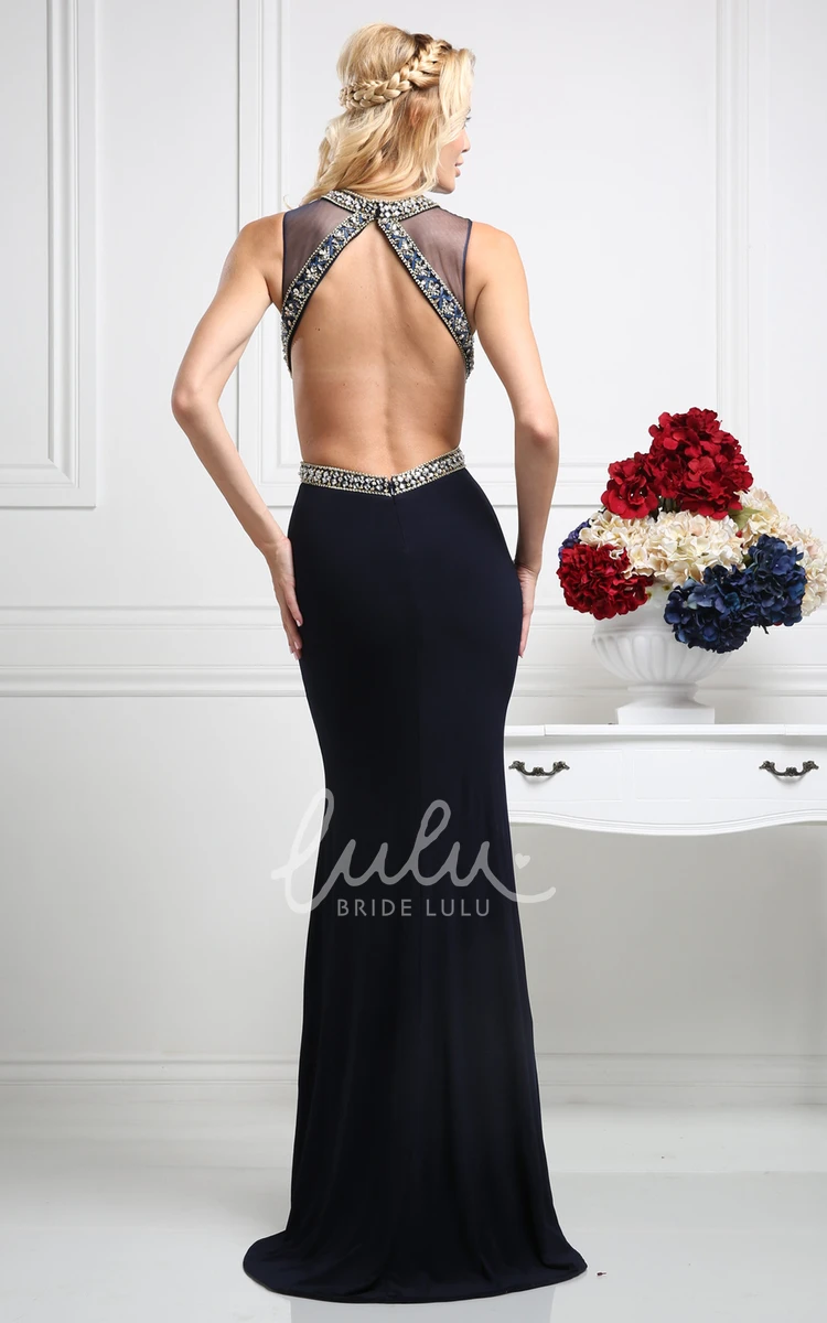 Backless Sheath Jersey Dress with Beading Flowy Evening Dress