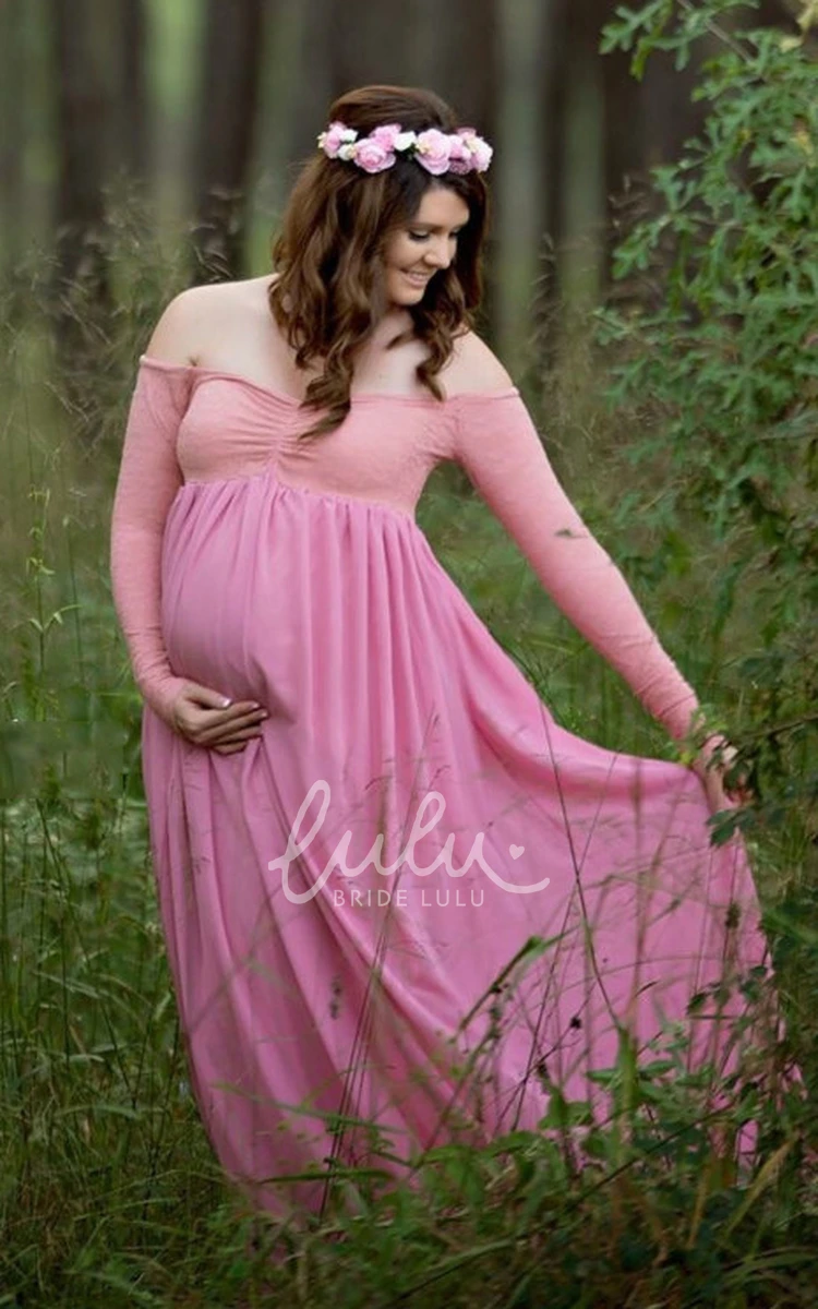 A-line Chiffon Lace Off-the-shoulder Maternity Dress with Long Sleeves