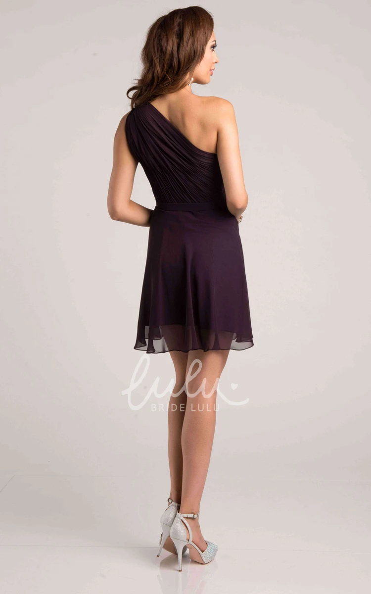 Short One-Shoulder Ruched Chiffon Bridesmaid Dress with Ribbon Elegant Bridesmaid Dress