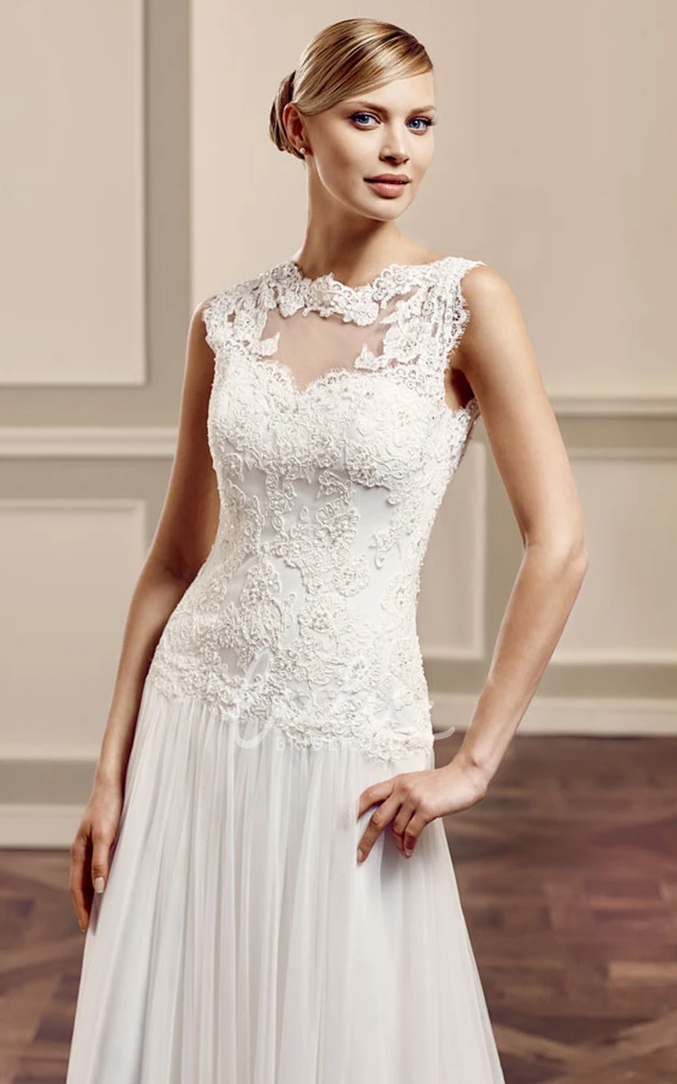 Sleeveless Sheath Tulle&Lace Wedding Dress with Brush Train