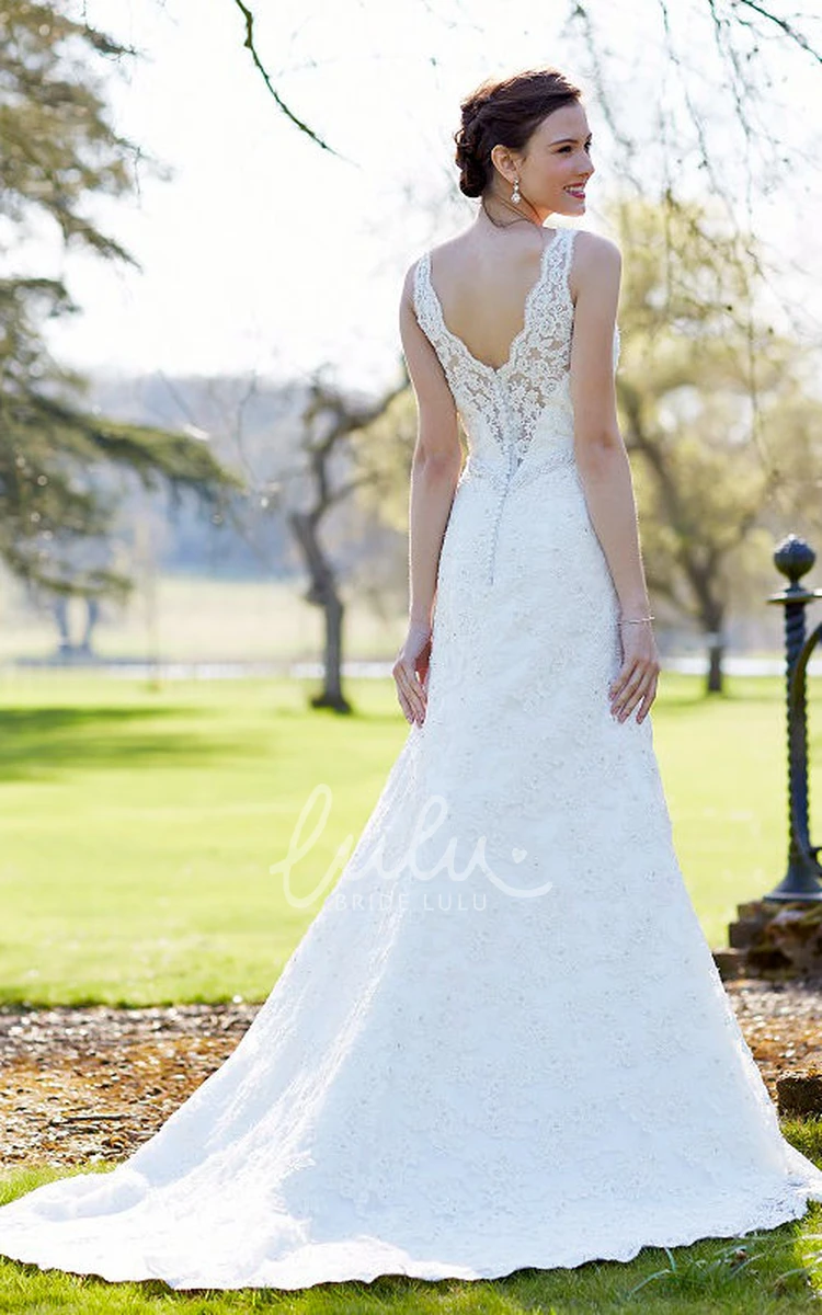 Sleeveless V-Neck Lace Wedding Dress with Waist Jewelry Sheath Bridal Gown