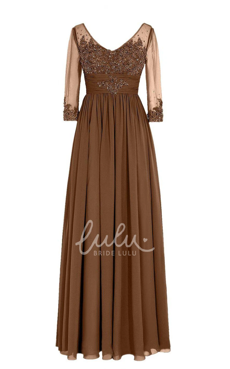 V-neck Chiffon Formal Dress with Illusion Sleeves and 3/4 Sleeves