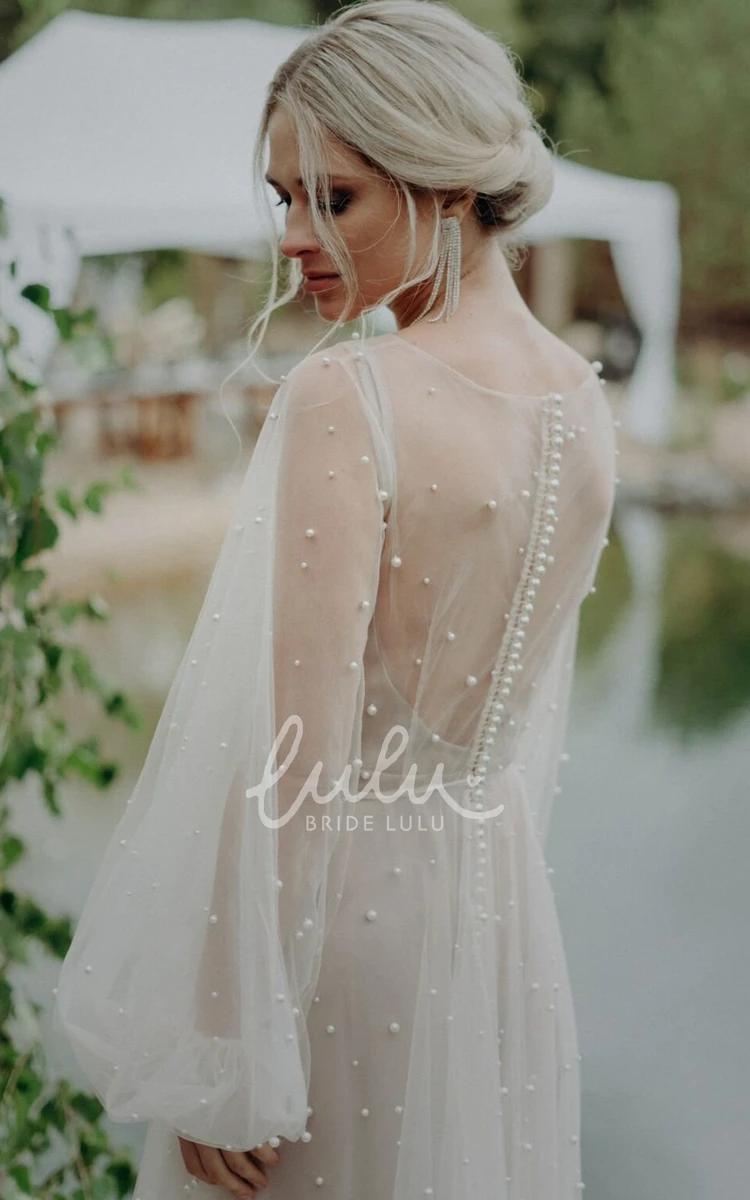 Modest Elegant A-Line Long Sleeve Wedding dress Ethereal Illusion Tulle Floor-Length Bridal Gown with Pearl