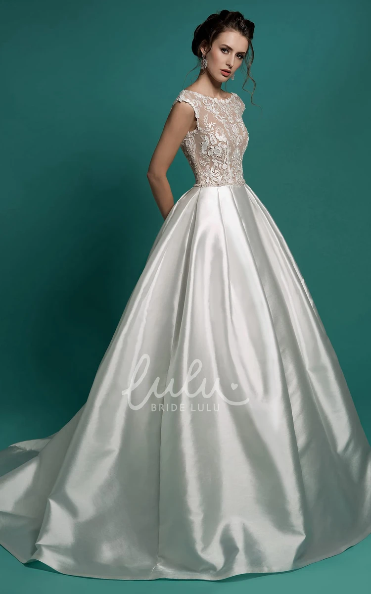 Satin A-Line Wedding Dress with Beaded Appliques and Cap Sleeves