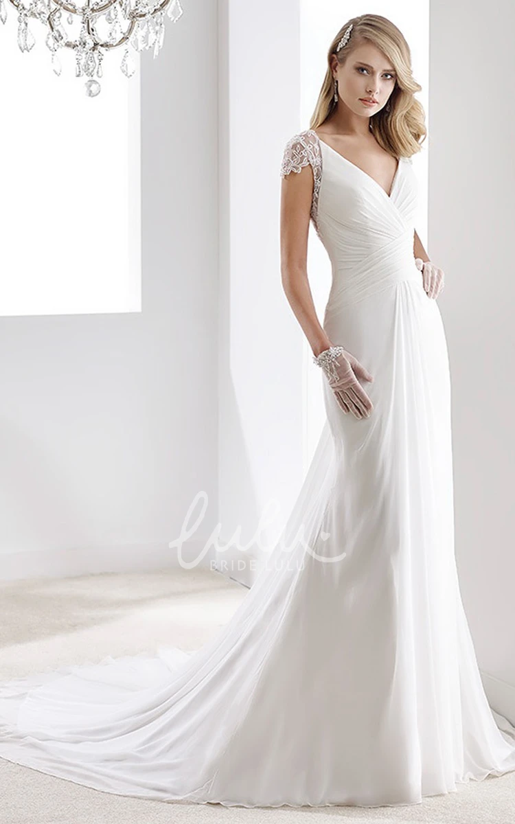 Sheath Chiffon Wedding Dress with Illusive Sleeves V-Neck & Bandage Waist