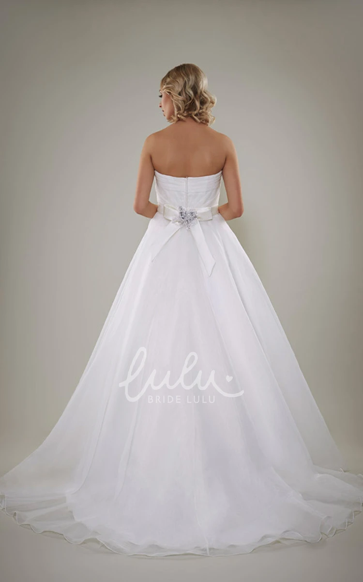 Strapless Satin A-Line Wedding Dress with Backless Style Bow and Beading