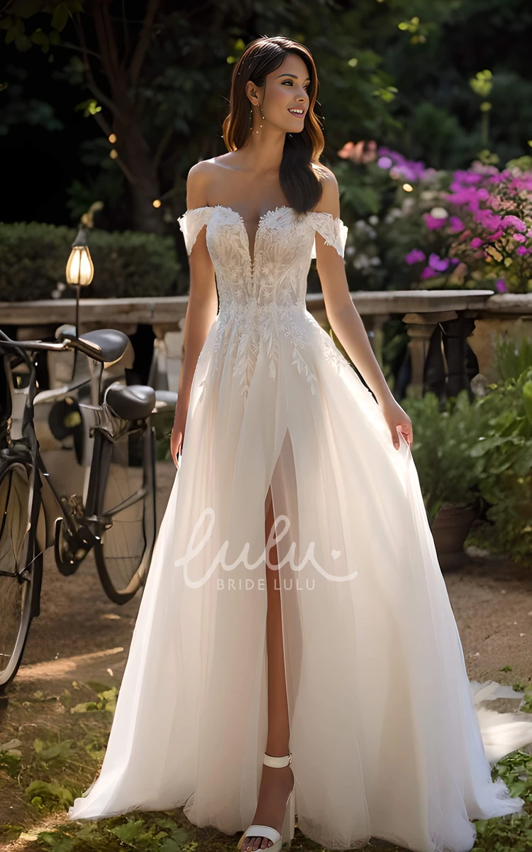 Sexy Floral A-Line Boho Lace Off-the-Shoulder High Slit Wedding Dress Sparkly Romantic Garden Sweetheart Plunging Neck Split Front Bridal Gown