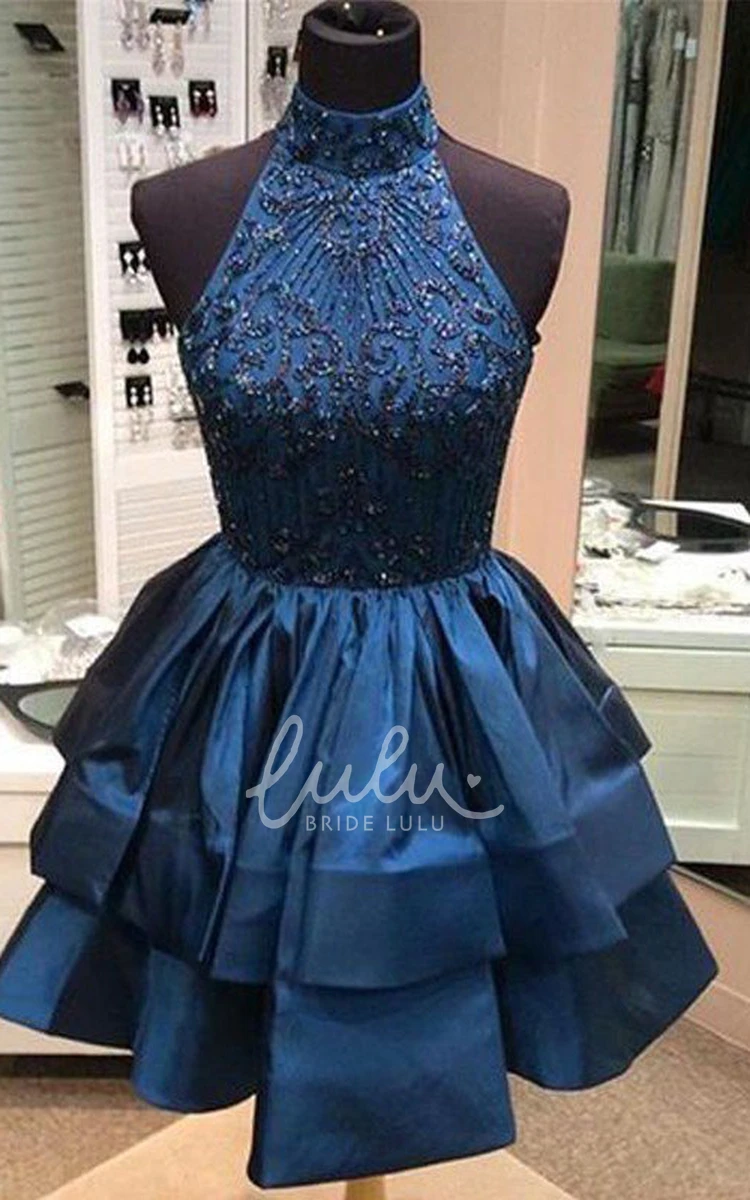 High Neck Taffeta Homecoming Dress with Beading and Tiers Formal Dress