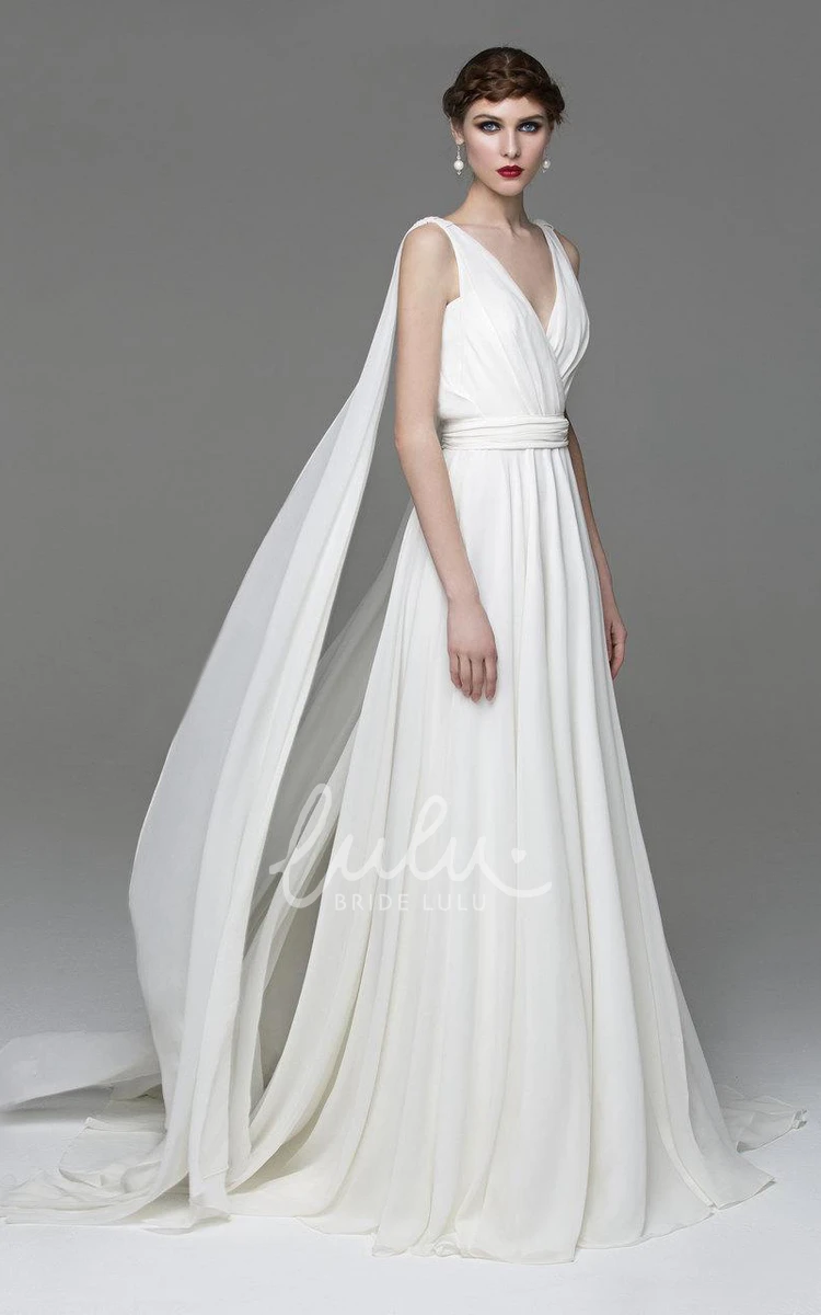 A-Line Chiffon Wedding Dress with Watteau Train V-Neck Bridal Gown