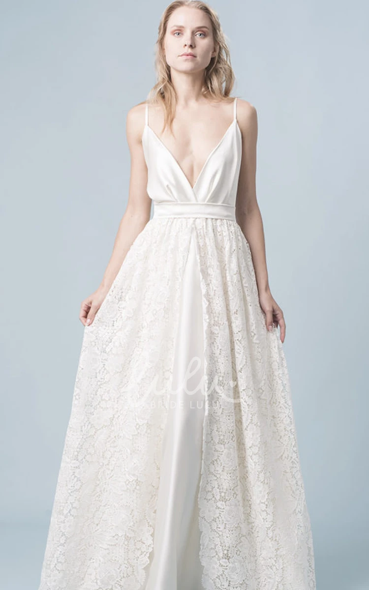 Lace Plunging Neckline Sleeveless Wedding Dress Casual A Line Floor-length Ruched Bridal Gown