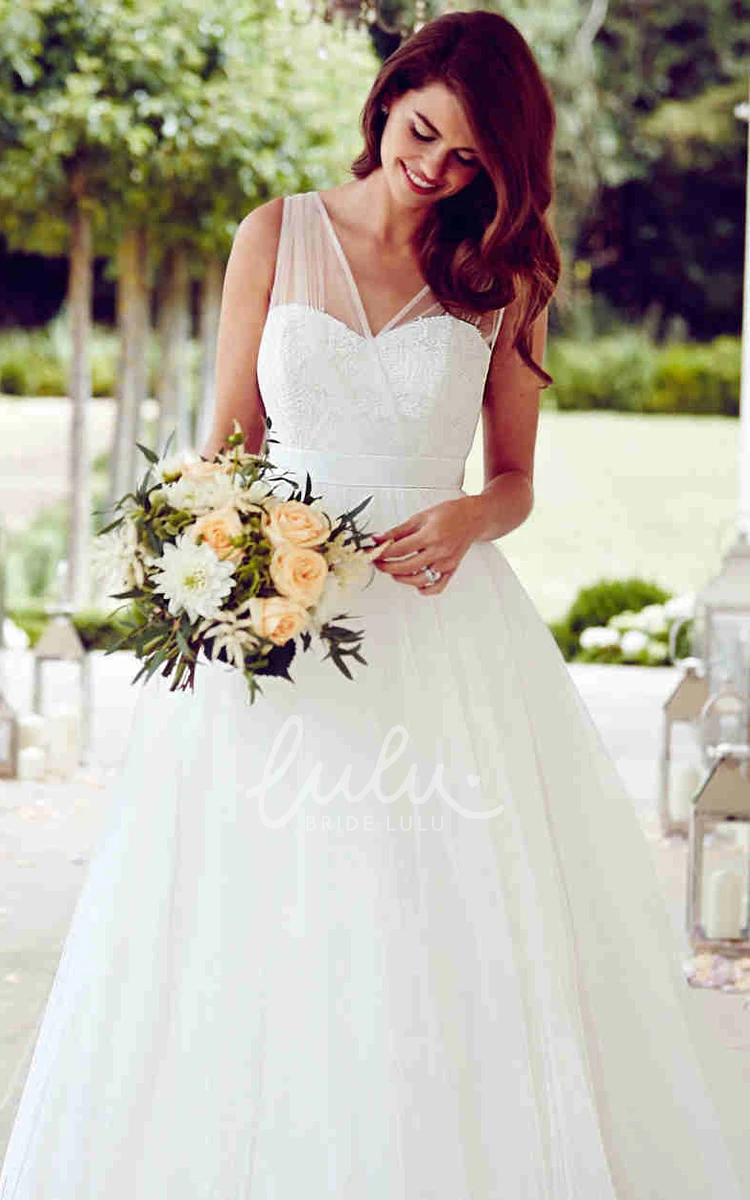 Tulle A-Line Wedding Dress Bowed Floor-Length Sleeveless Bridal Gown with Lace